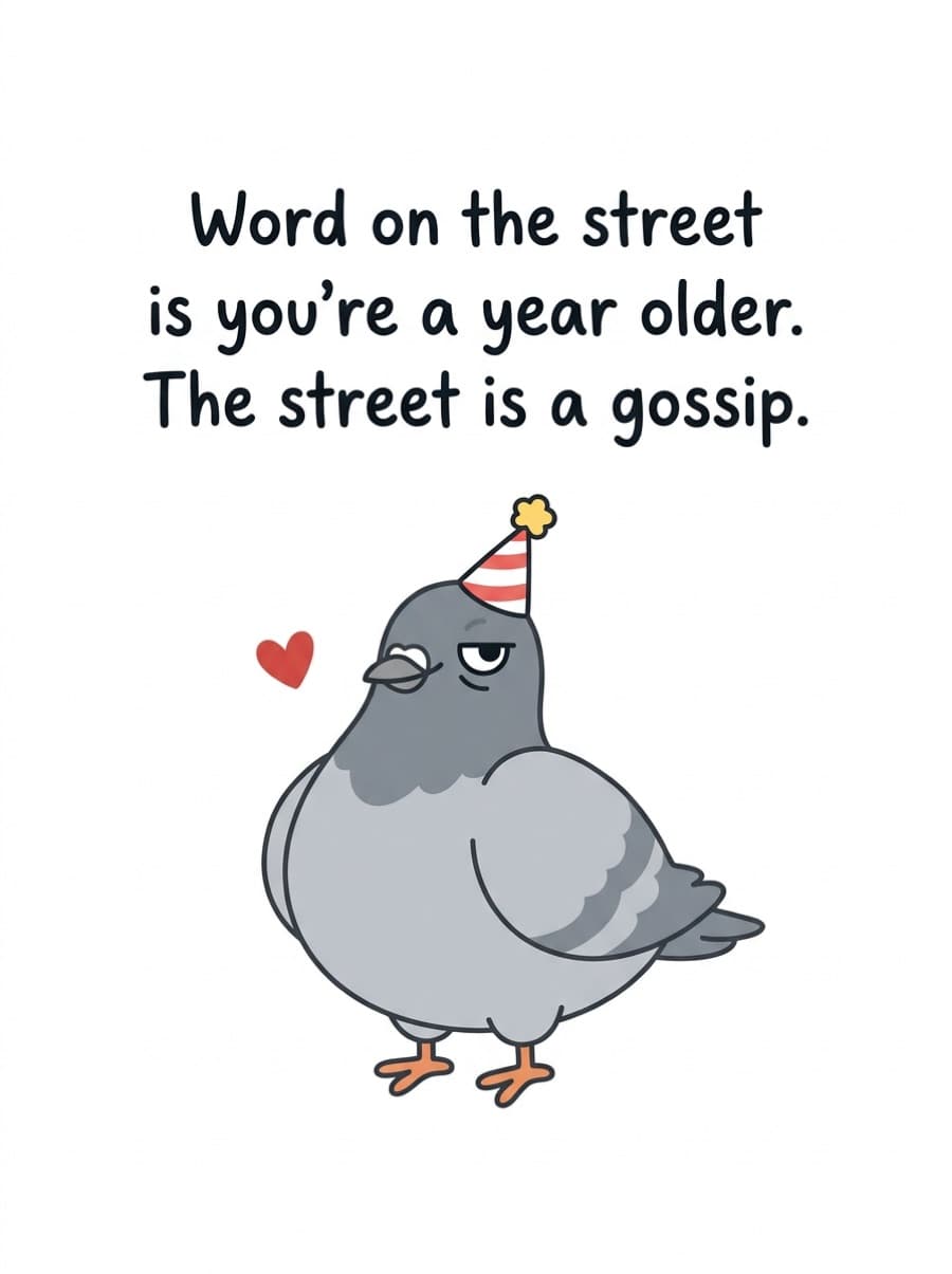 The Street Is A Gossip Pigeon Birthday Card: Word on the street is you're a year older. The street is a gossip.