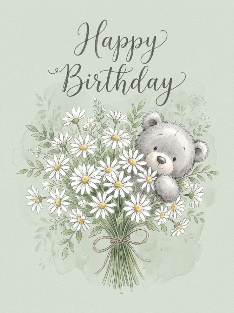 Teddy Bear Daisy Bouquet Birthday Card: Happy Birthday