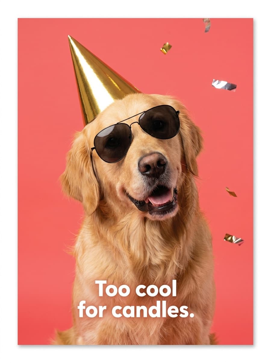 Too Cool For Candles Dog In Sunglasses Birthday Card: Too cool for candles.