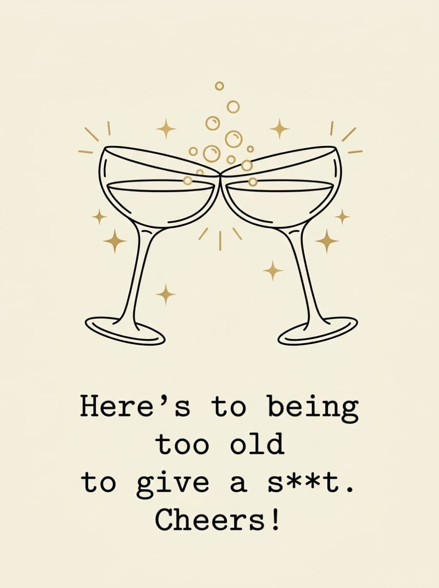 Too Old To Care Champagne Birthday Card: Here's to being too old to give a s**t. Cheers!