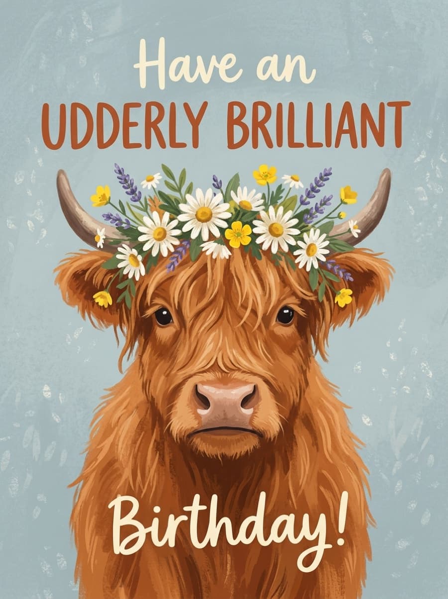 Have An Udderly Brilliant Birthday Highland Cow Card: Have an UDDERLY BRILLIANT Birthday!