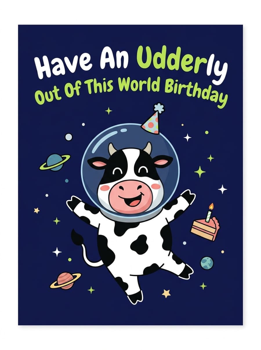 Udderly Out Of This World Space Cow Birthday Card: Have An Udderly Out Of This World Birthday