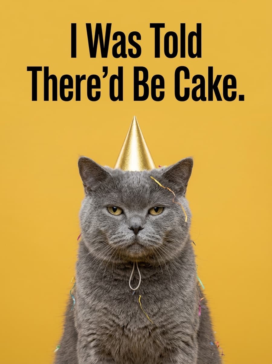 Unimpressed Cat Party Hat Birthday Card: I Was Told There'd Be Cake.