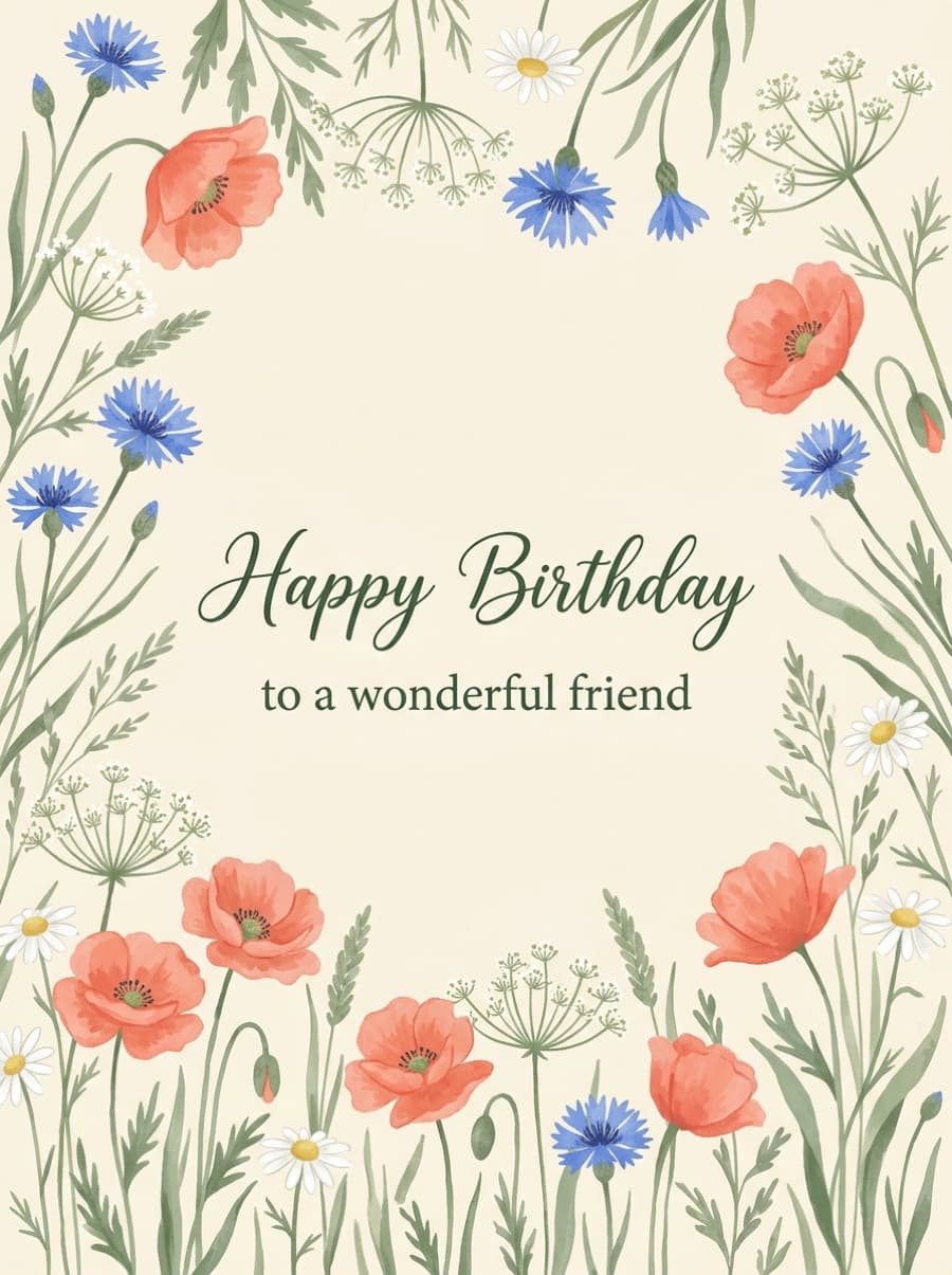 Wildflower Meadow Wonderful Friend Birthday Card: Happy Birthday to a wonderful friend