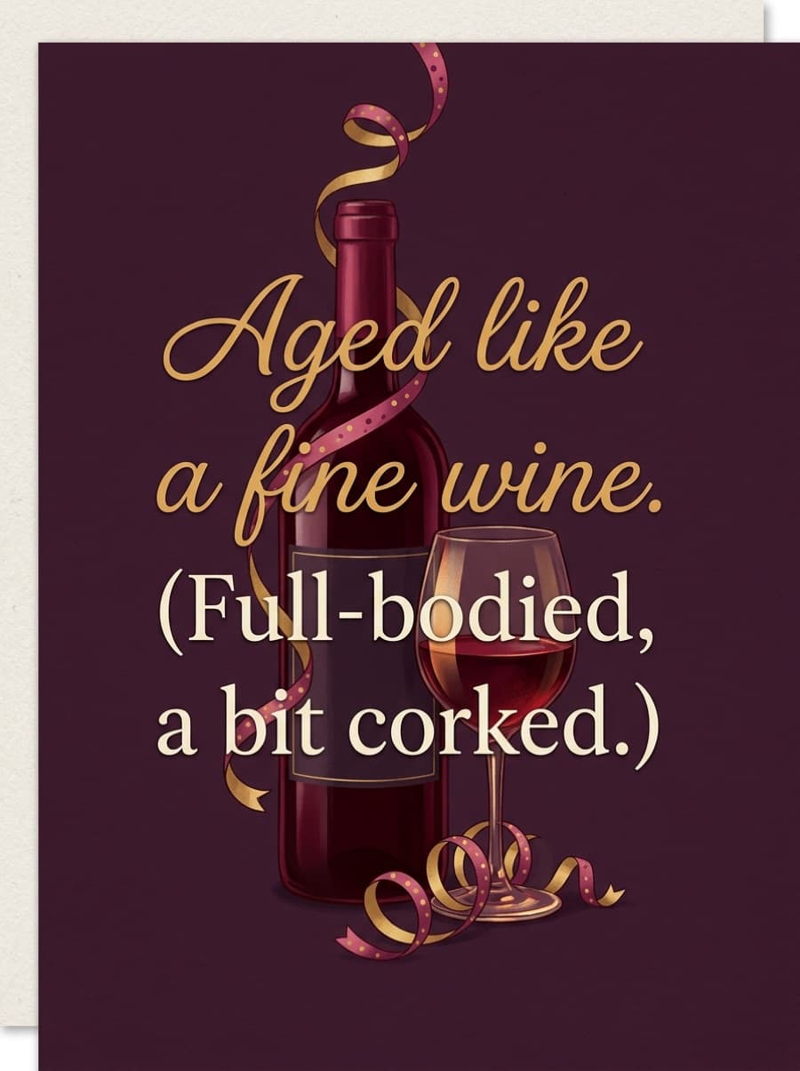 Aged Like A Fine Wine Birthday Card: Aged like a fine wine. (Full-bodied, a bit corked.)