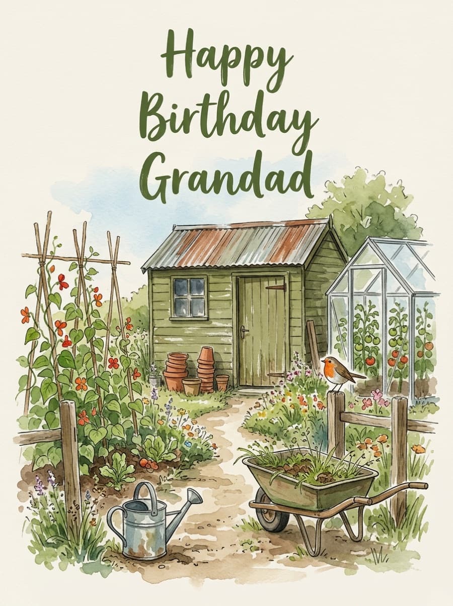 Watercolour Garden Shed Grandad Birthday Card: Happy Birthday Grandad