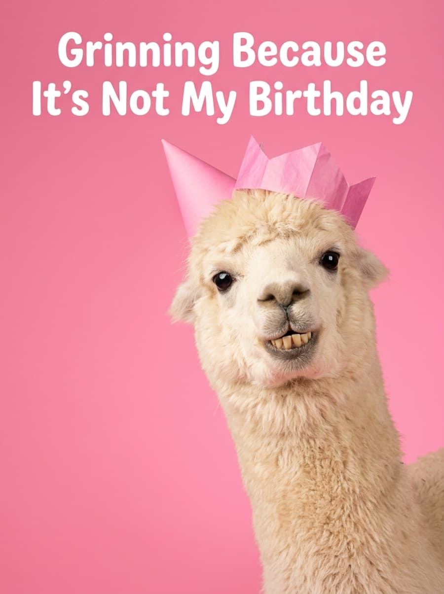 Grinning Alpaca Birthday Card: Grinning Because It's Not My Birthday