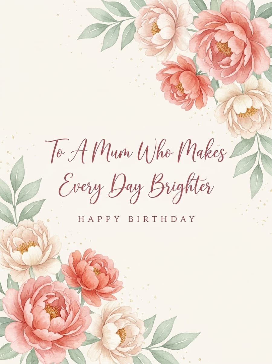 Mum Every Day Brighter Peonies Birthday Card: To A Mum Who Makes Every Day Brighter Happy Birthday