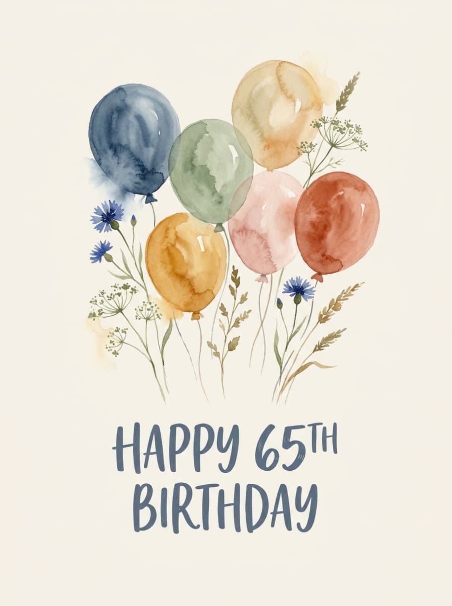 Watercolour Balloons 65th Birthday Card: HAPPY 65TH BIRTHDAY
