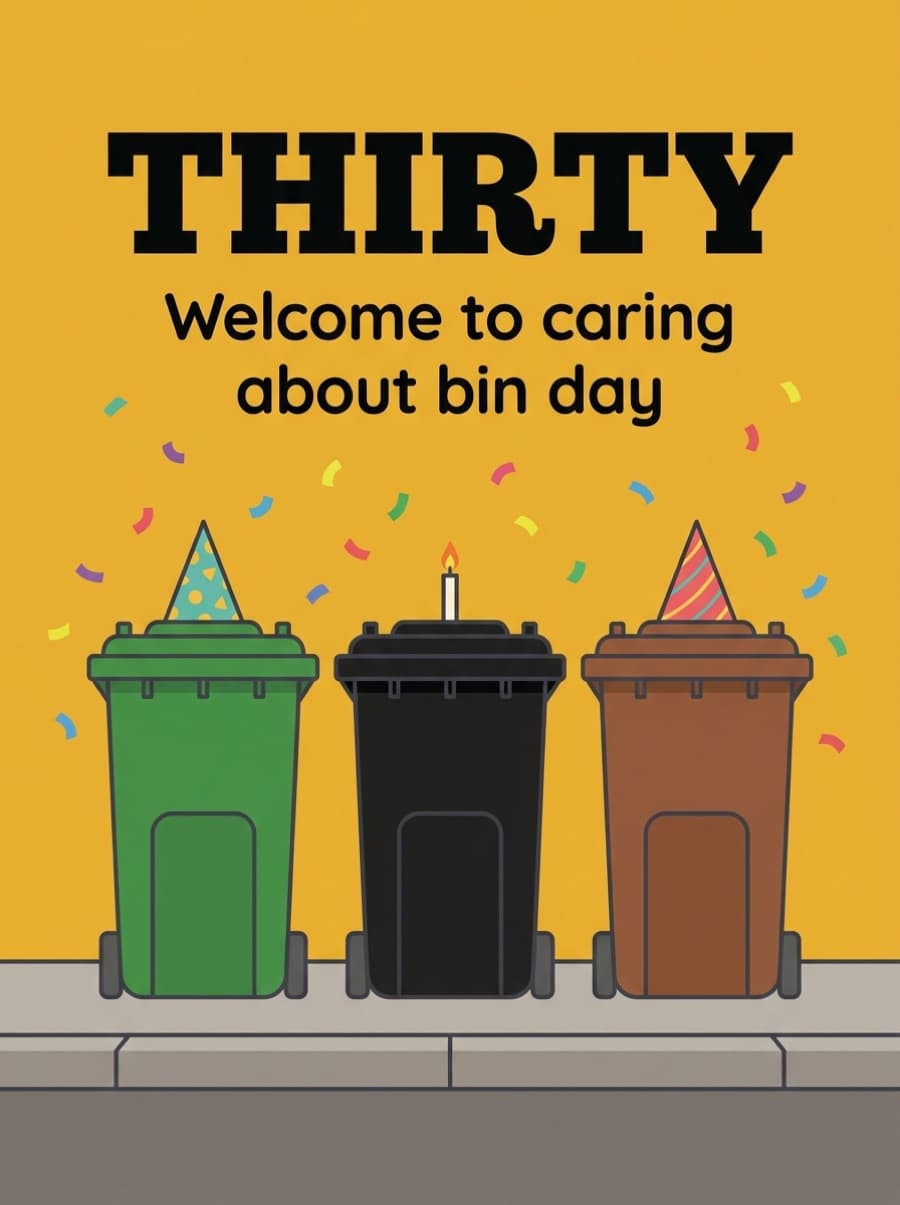 Caring About Bin Day 30th Birthday Card: THIRTY Welcome to caring about bin day