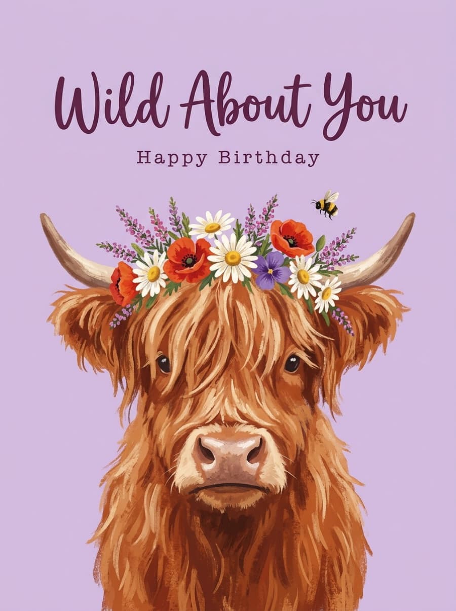 Wild About You Highland Cow Birthday Card: Wild About You Happy Birthday