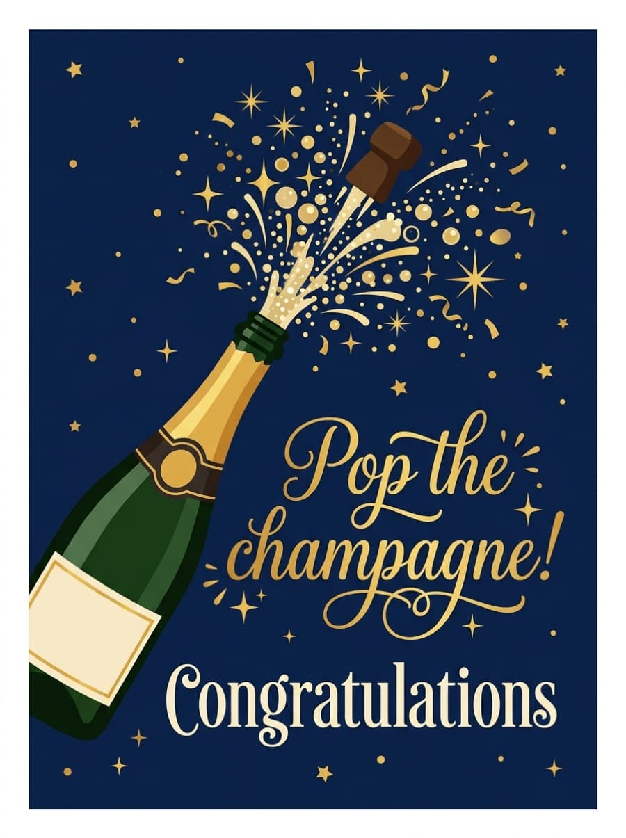 Pop The Champagne Congratulations Card: Pop the champagne! Congratulations