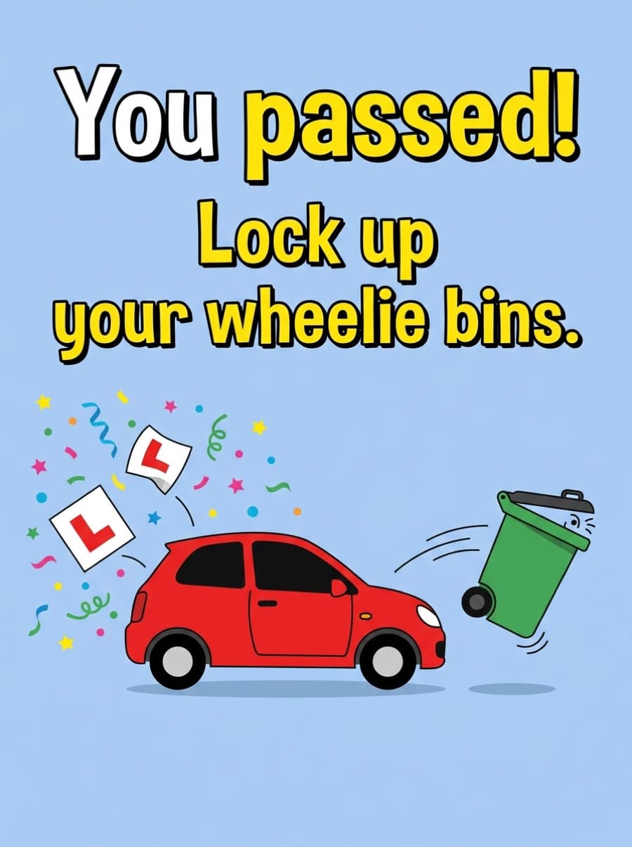 Passed Your Driving Test Congratulations Card: You passed! Lock up your wheelie bins.