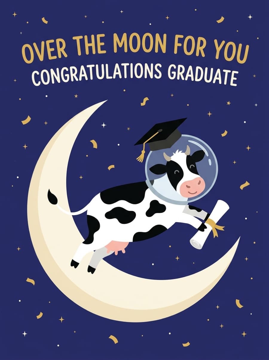 Cute Space Cow Over The Moon Graduation Card: OVER THE MOON FOR YOU CONGRATULATIONS GRADUATE