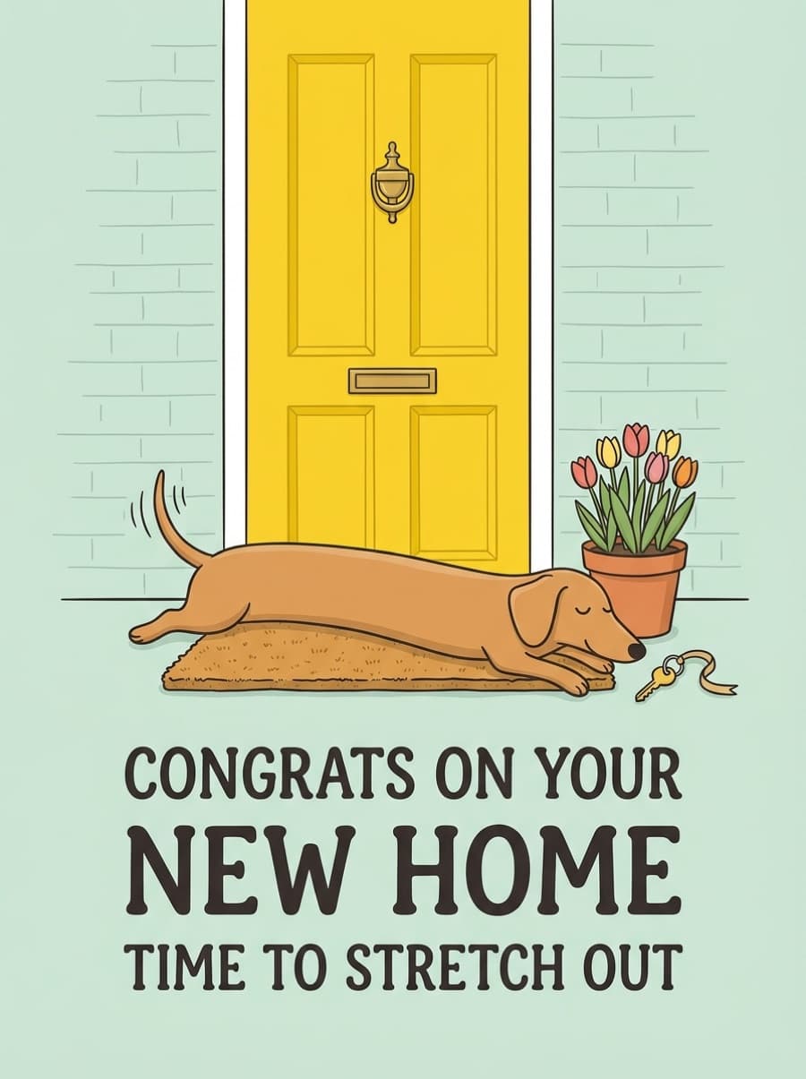 Cute Sausage Dog Doormat New Home Card: CONGRATS ON YOUR NEW HOME TIME TO STRETCH OUT