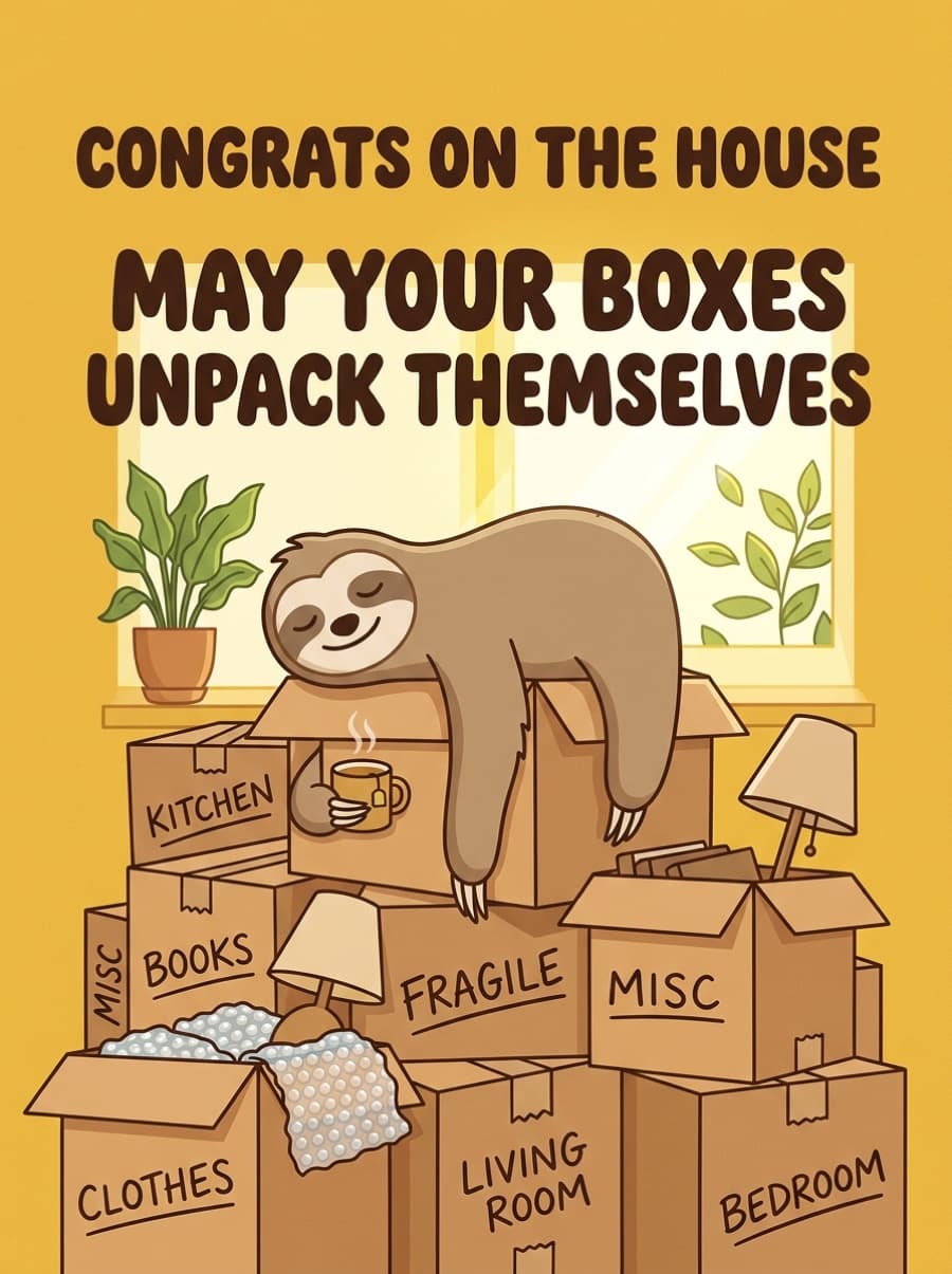 Funny Sloth Unpacking New Home Card: CONGRATS ON THE HOUSE MAY YOUR BOXES UNPACK THEMSELVES