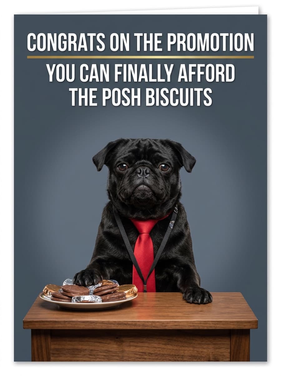 Funny Pug Posh Biscuits Promotion Congratulations Card: CONGRATS ON THE PROMOTION YOU CAN FINALLY AFFORD THE POSH BISCUITS