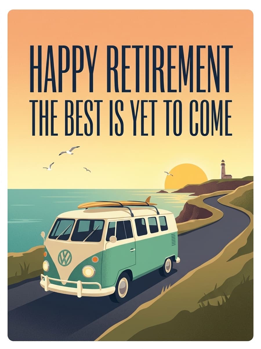 Classic Campervan Coastal Road Retirement Card: HAPPY RETIREMENT THE BEST IS YET TO COME