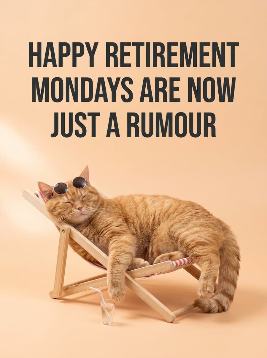 Funny Cat Sun Lounger Retirement Card: HAPPY RETIREMENT MONDAYS ARE NOW JUST A RUMOUR