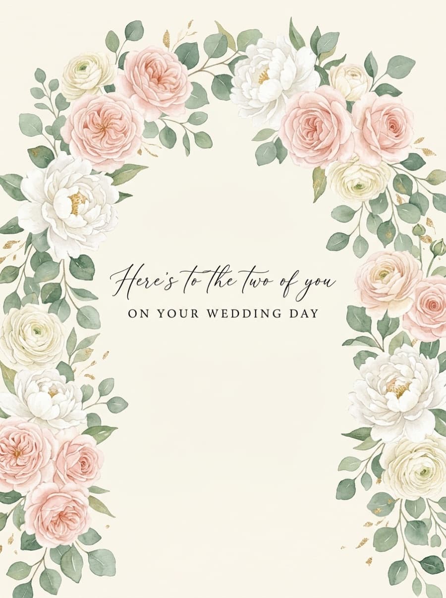 Classic Botanical Arch Wedding Card: HERE'S TO THE TWO OF YOU ON YOUR WEDDING DAY