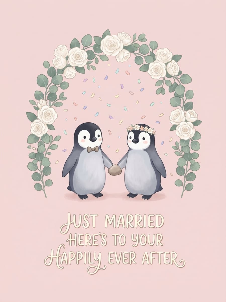 Cute Penguins Confetti Wedding Card: JUST MARRIED HERE'S TO YOUR HAPPILY EVER AFTER