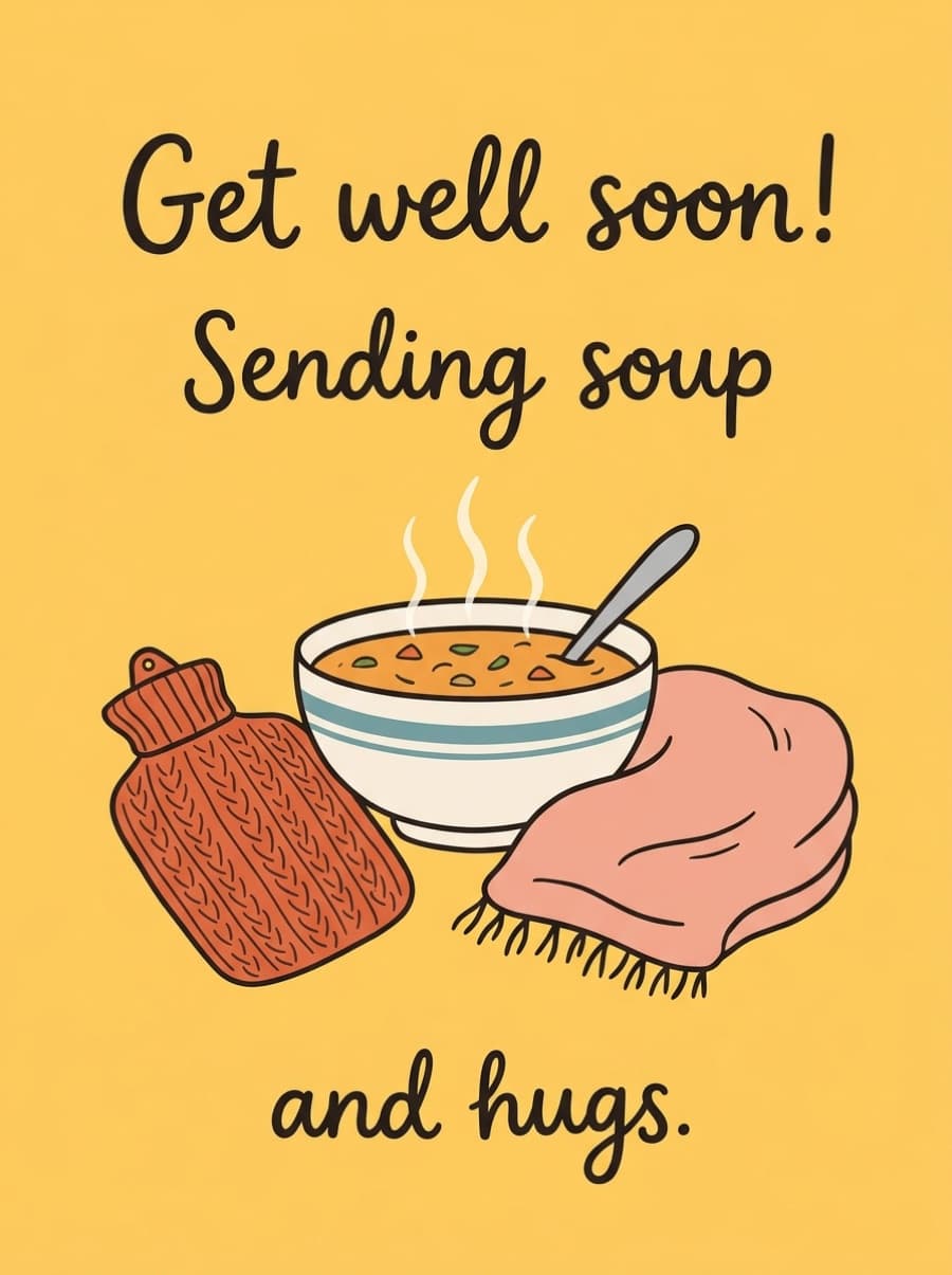 Get Well Soon Soup Card: Get well soon! Sending soup and hugs.