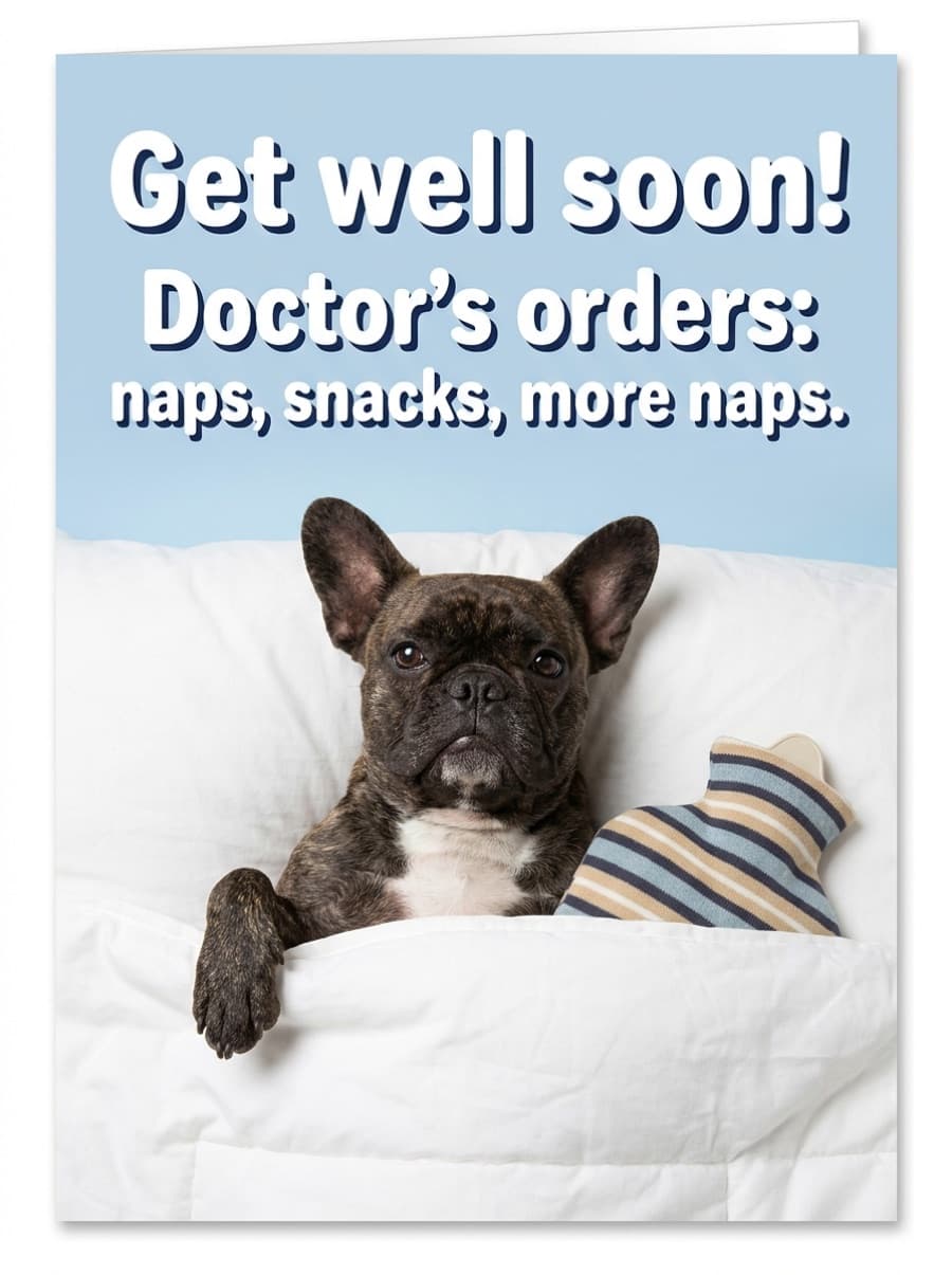 Duvet Day Frenchie Get Well Card: Get well soon! Doctor's orders: naps, snacks, more naps.