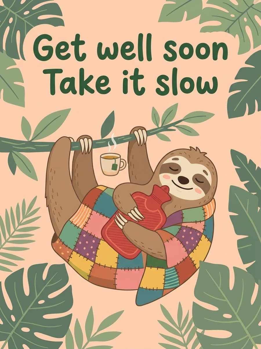 Take It Slow Sloth Get Well Card: Get well soon Take it slow