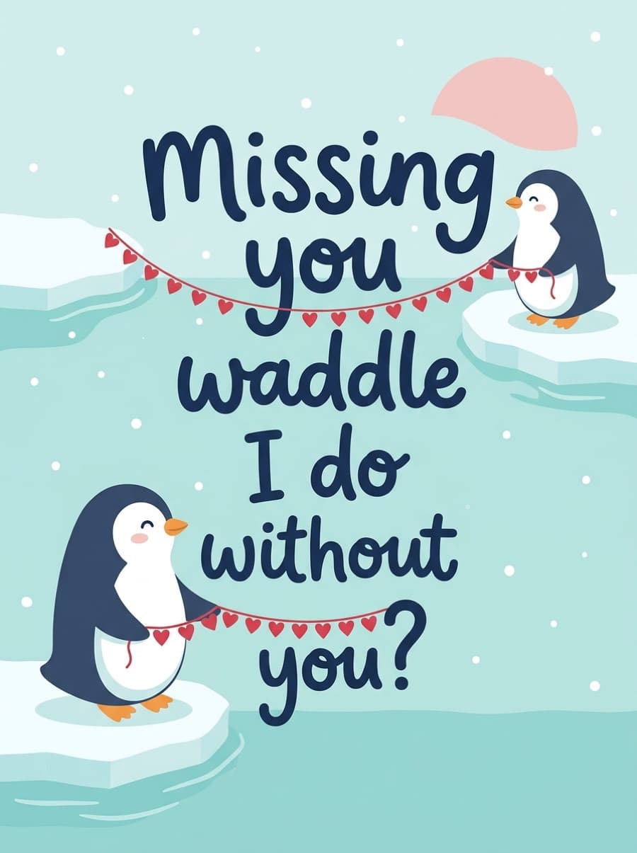 Two Penguins Far Apart Miss You Card: Missing you waddle I do without you?
