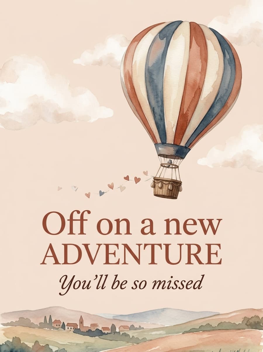 Hot Air Balloon New Adventure Moving Away Card: Off on a new adventure You'll be so missed