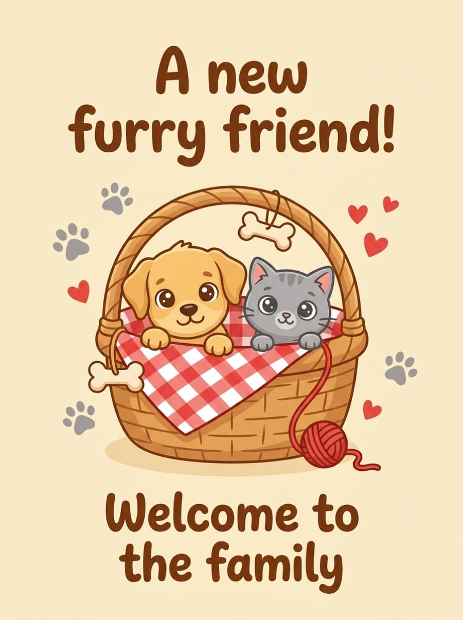 New Furry Friend Basket New Pet Card: A new furry friend! Welcome to the family