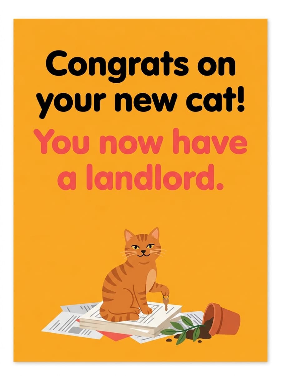 New Cat Landlord New Pet Card: Congrats on your new cat! You now have a landlord.