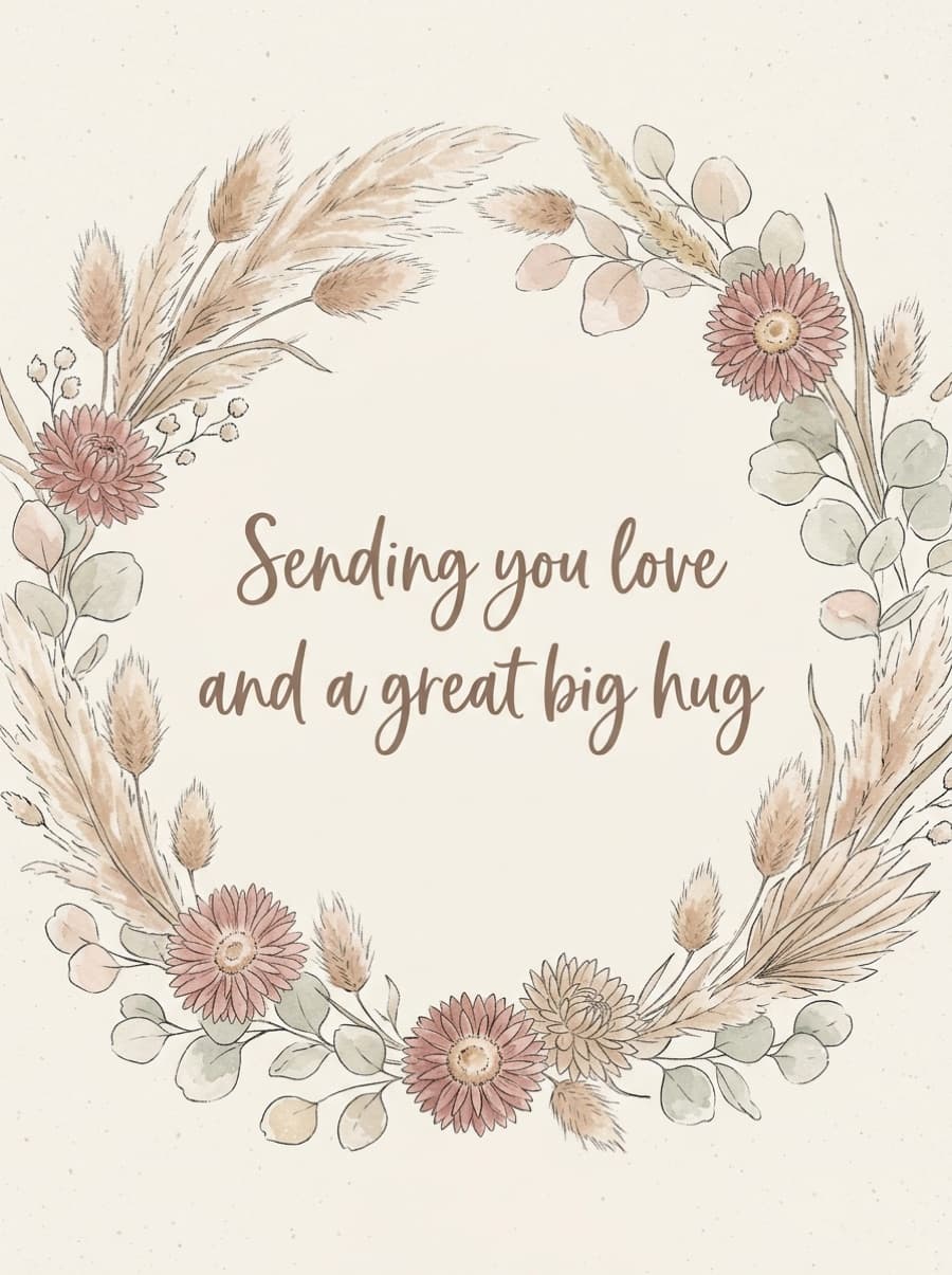 Dried Flower Wreath Sending Love Card: Sending you love and a great big hug