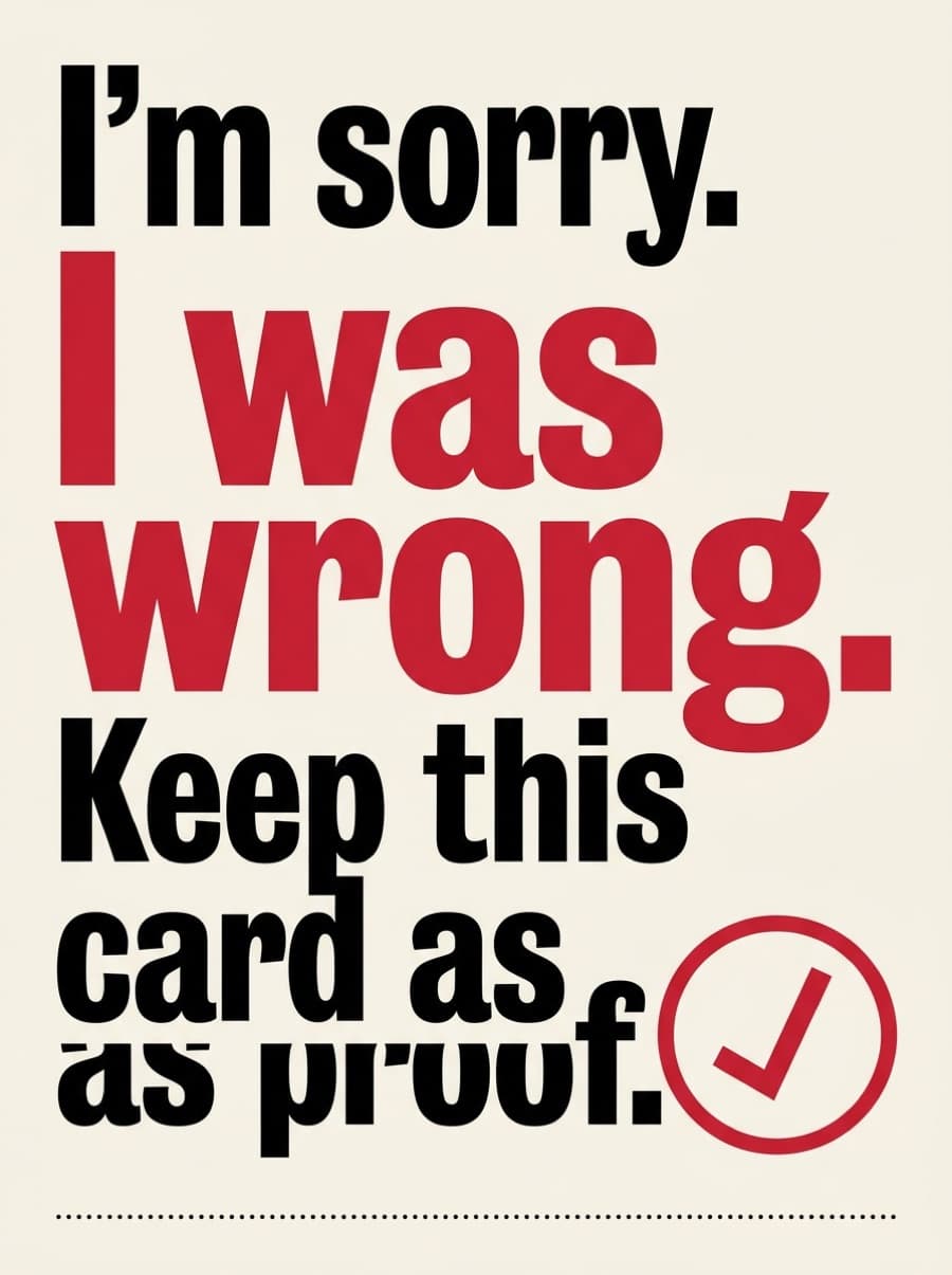I Was Wrong Keep This As Proof Sorry Card: I'm sorry. I was wrong. Keep this card as proof.