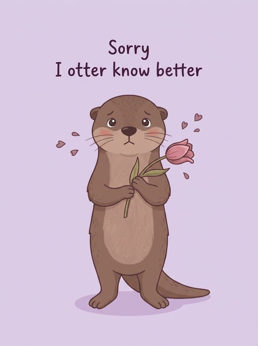 Sheepish Otter Single Flower Sorry Card: Sorry I otter know better