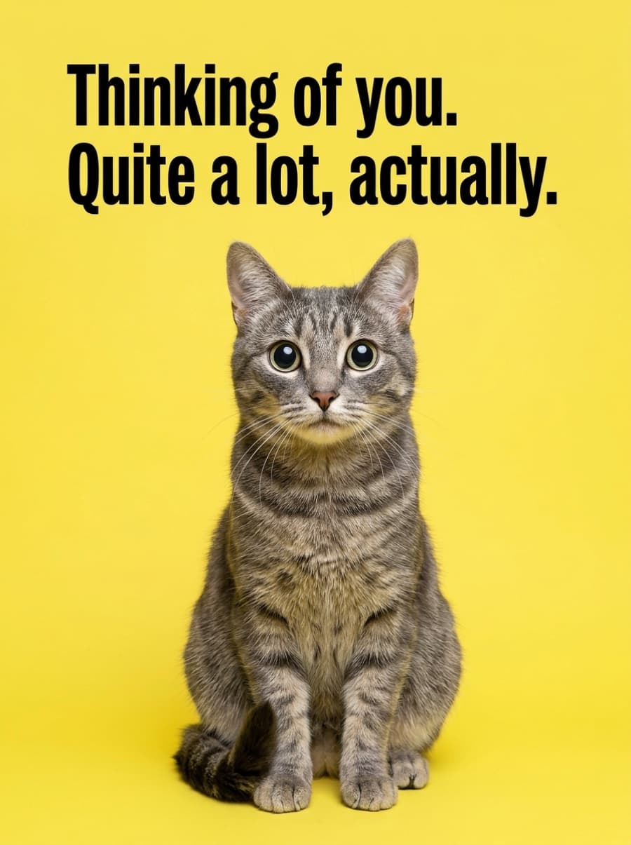Staring Cat Quite A Lot Actually Thinking Of You Card: Thinking of you. Quite a lot, actually.