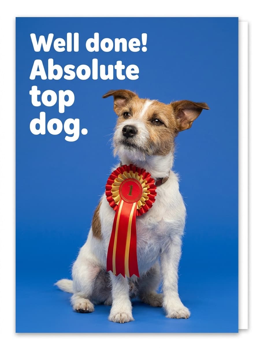 Rosette Terrier Top Dog Well Done Card: Well done! Absolute top dog.