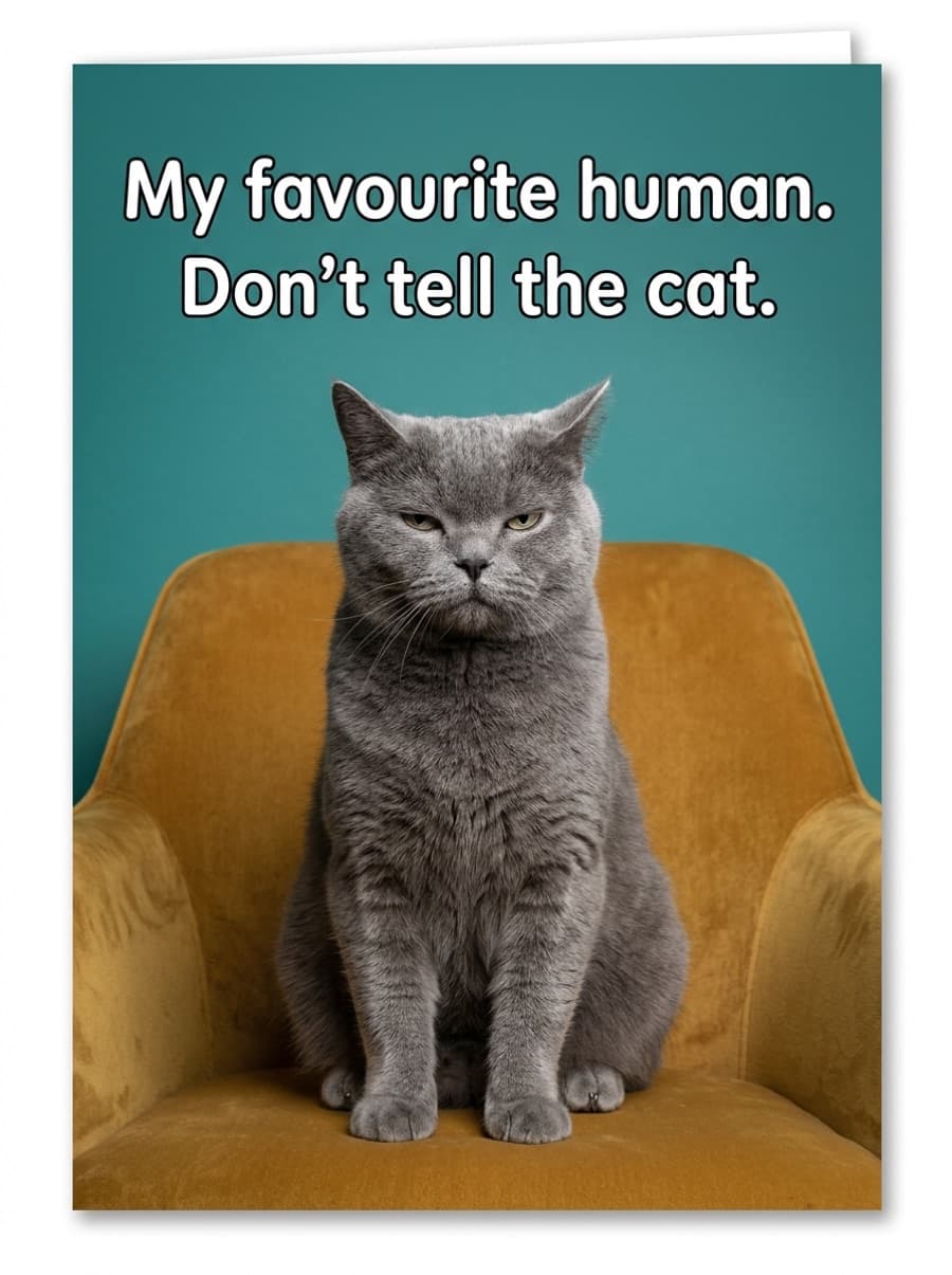 Don't Tell The Cat Funny Love Card: My favourite human. Don't tell the cat.