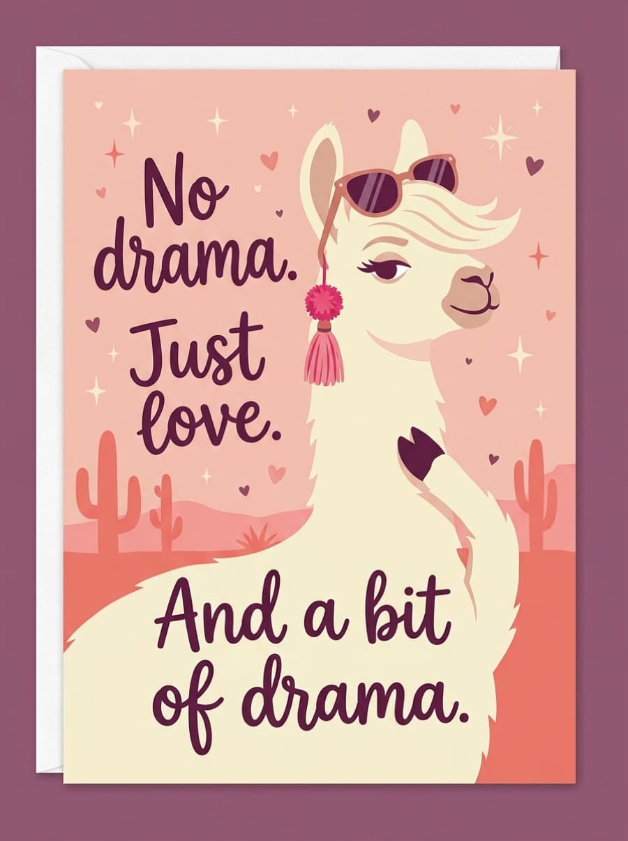 Llama Bit Of Drama Funny Love Card: No drama. Just love. And a bit of drama.