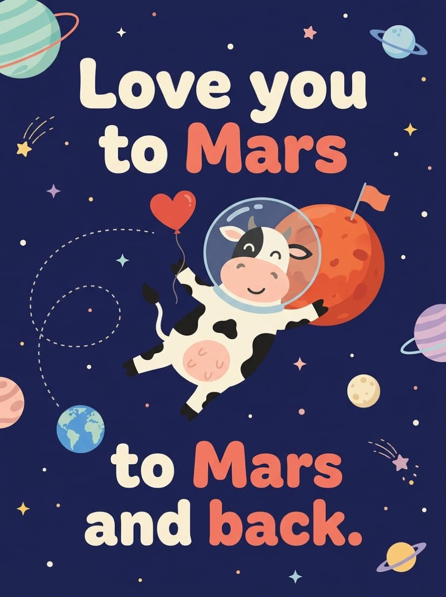 Space Cow To Mars And Back Cute Love Card: Love you to Mars and back.