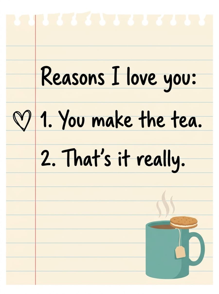 Reasons I Love You Tea Funny Love Card: Reasons I love you: 1. You make the tea. 2. That's it really.