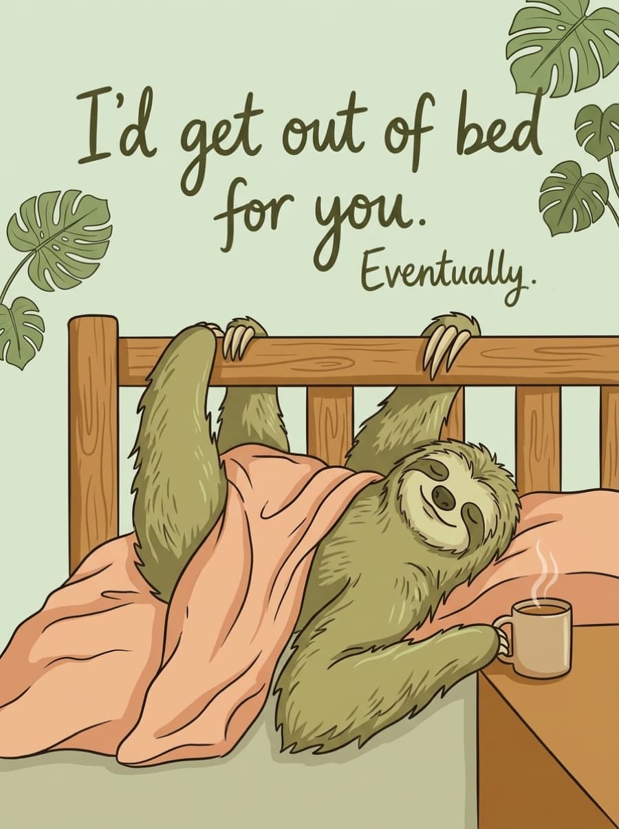 Sloth Out Of Bed Funny Love Card: I'd get out of bed for you. Eventually.