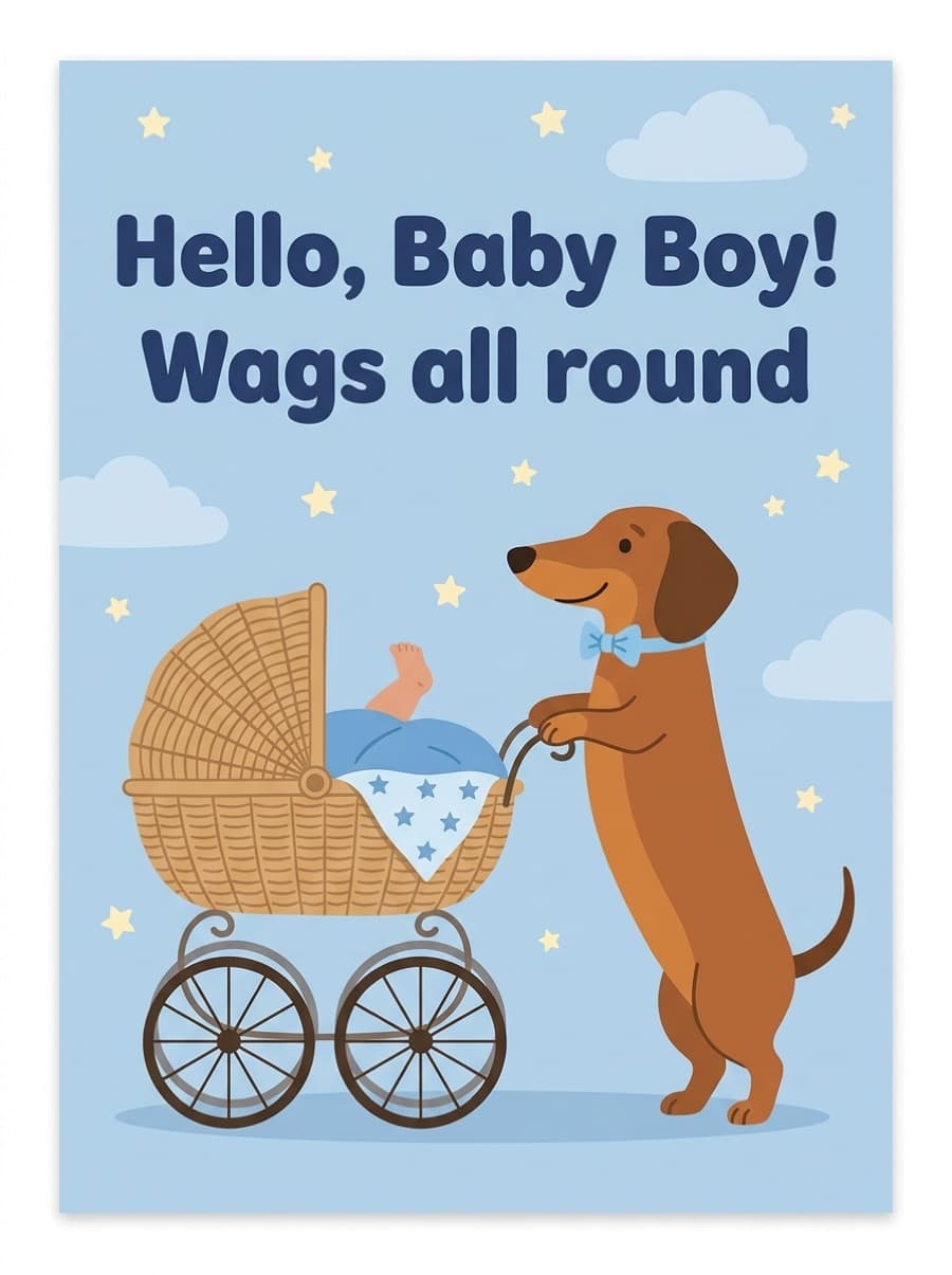 Sausage Dog Pram Baby Boy New Baby Card: Hello, Baby Boy! Wags all round