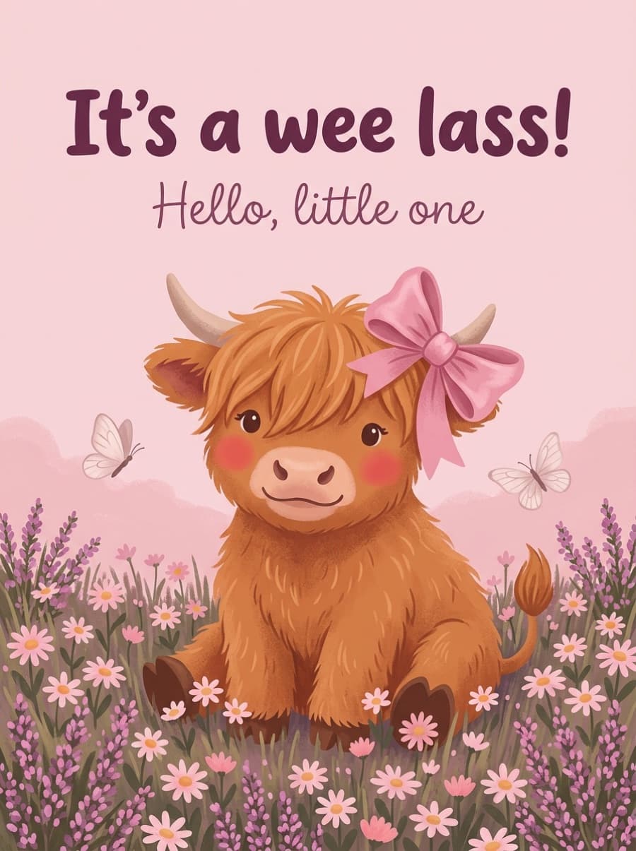Wee Highland Calf Baby Girl New Baby Card: It's a wee lass! Hello, little one