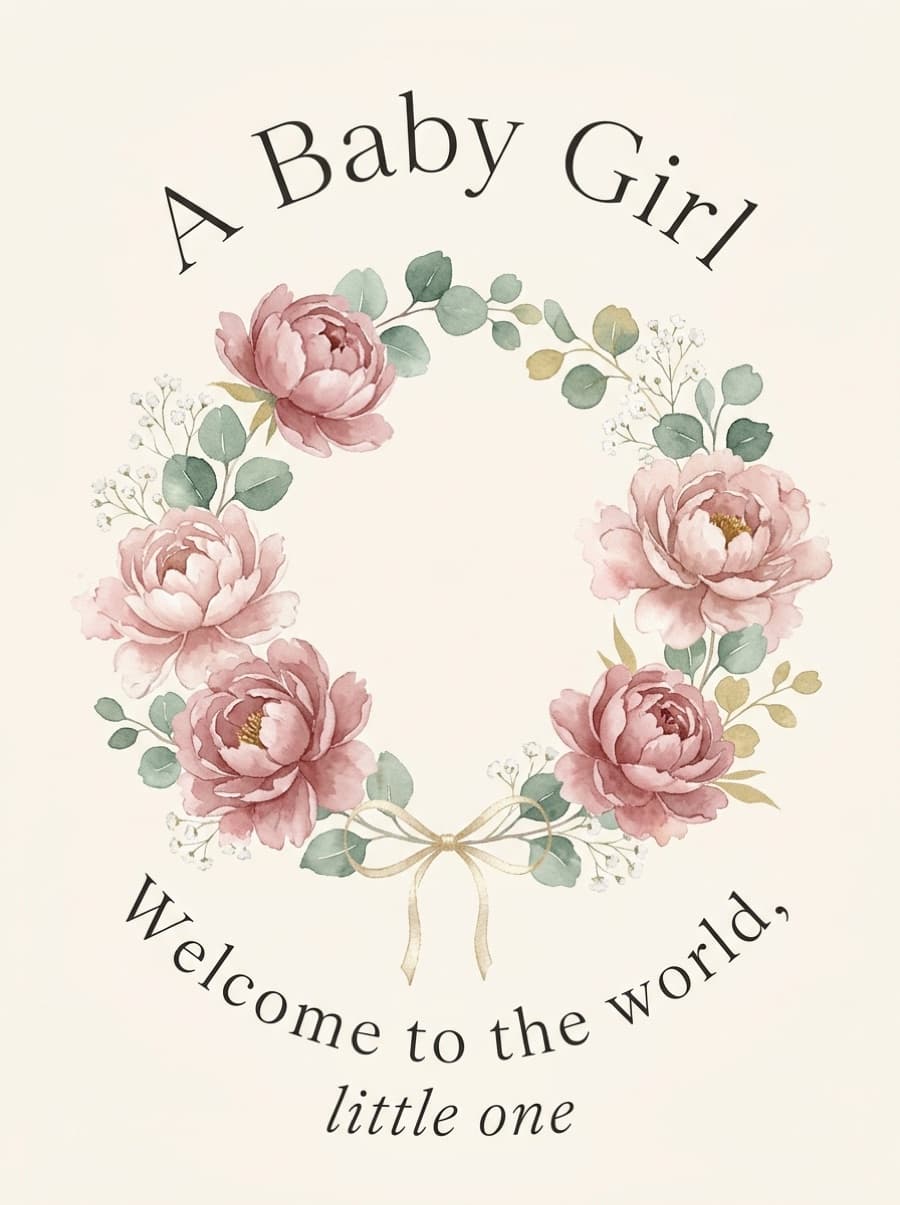 Blush Peony Wreath Baby Girl New Baby Card: A Baby Girl Welcome to the world, little one