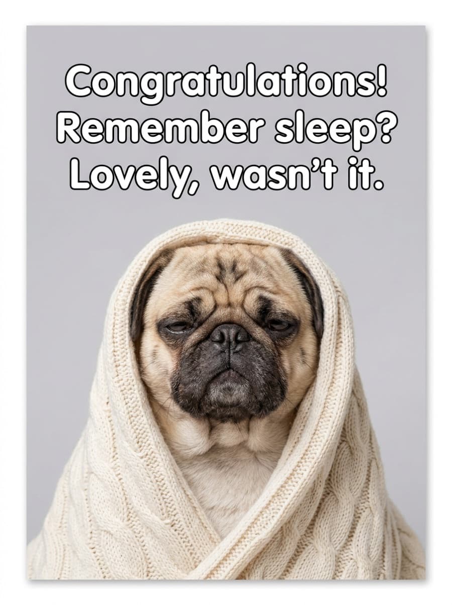 Sleepy Pug Remember Sleep New Baby Card: Congratulations! Remember sleep? Lovely, wasn't it.