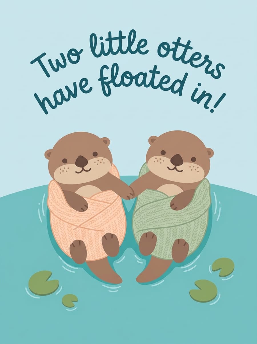 Two Little Otters Twins New Baby Card: Two little otters have floated in!