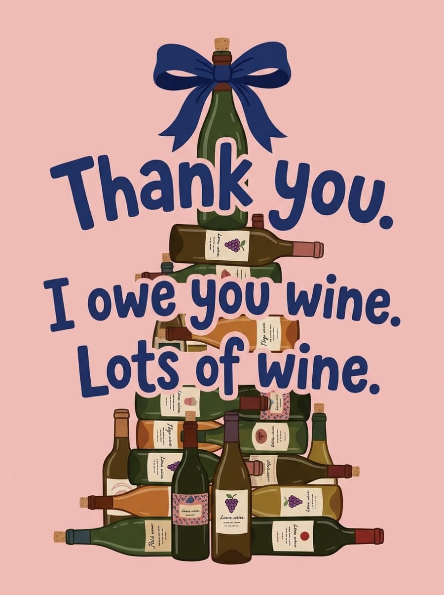 I Owe You Wine Thank You Card: Thank you. I owe you wine. Lots of wine.