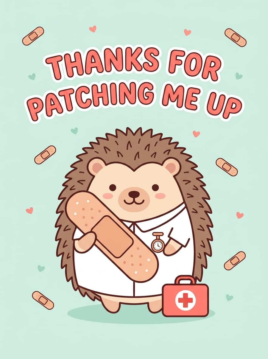 Cute Hedgehog Nurse Thank You Card: THANKS FOR PATCHING ME UP
