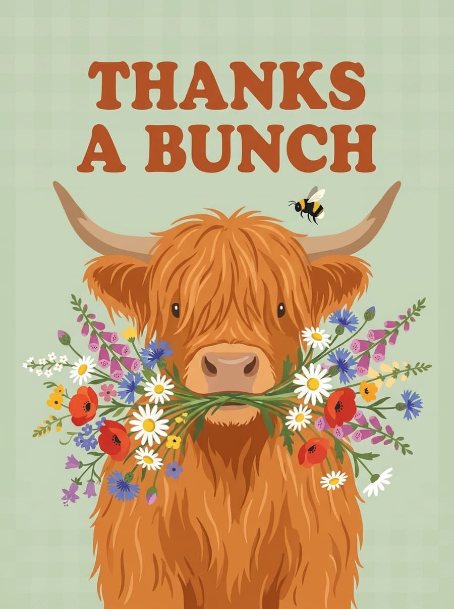 Cute Highland Cow Thanks A Bunch Thank You Card: THANKS A BUNCH